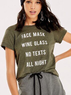Wildfox Graphic Tee XS Olive Face Mask Wine Glass USA Made Novelty Graphic